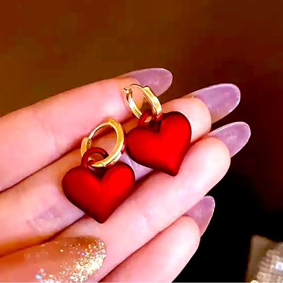 Valentine Metal Puffy Frosted Heart Dangle Women Earrings - Picture 7 of 7